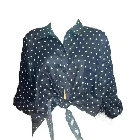 Chico’s Button Up Hi Low Top in Navy Blue with white Polka Dots - Picture 1 of 6